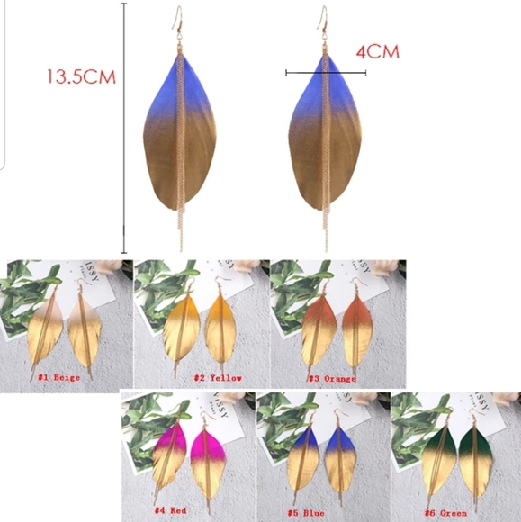 Exotic Feather Dipped in Gold Long Earrings 4in - Picture 2 of 5